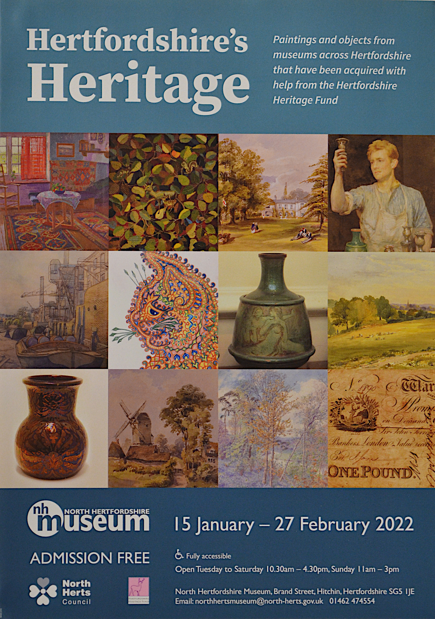 Poster for exhibition, depicting several objects funded by HHF.