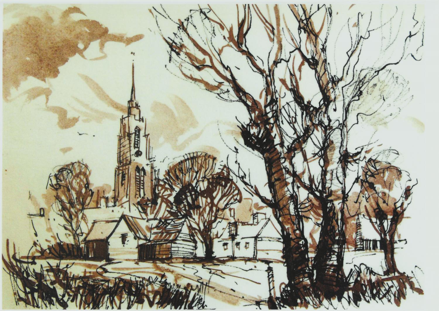 WINTER VILLAGE Watercolour of Ashwell by Peter Gilman. Ashwell Village Museum.  - Gallery -  The Hertfordshire Heritage Fund