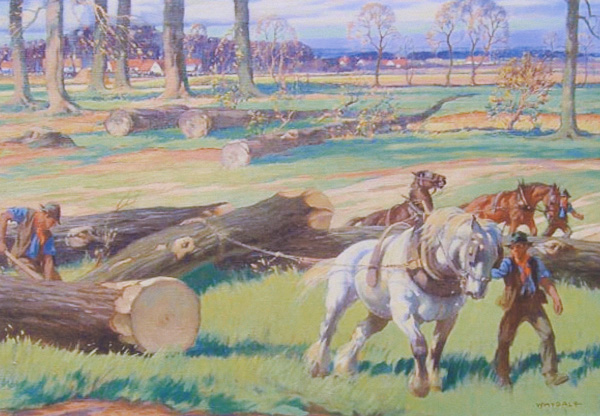 Royston Museum Pulling the logs, oil painting by E. H. Whydale